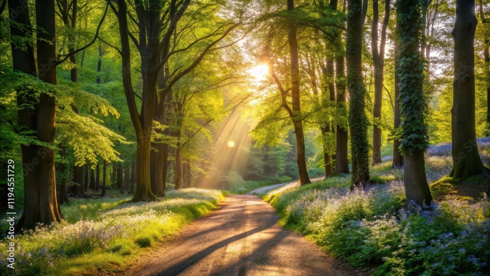 Obraz premium Soft sunlight filtering through leafy tree branches above a winding forest path lined with tall trees and wildflowers, casting dappled shadows on the ground, woodland, foliage