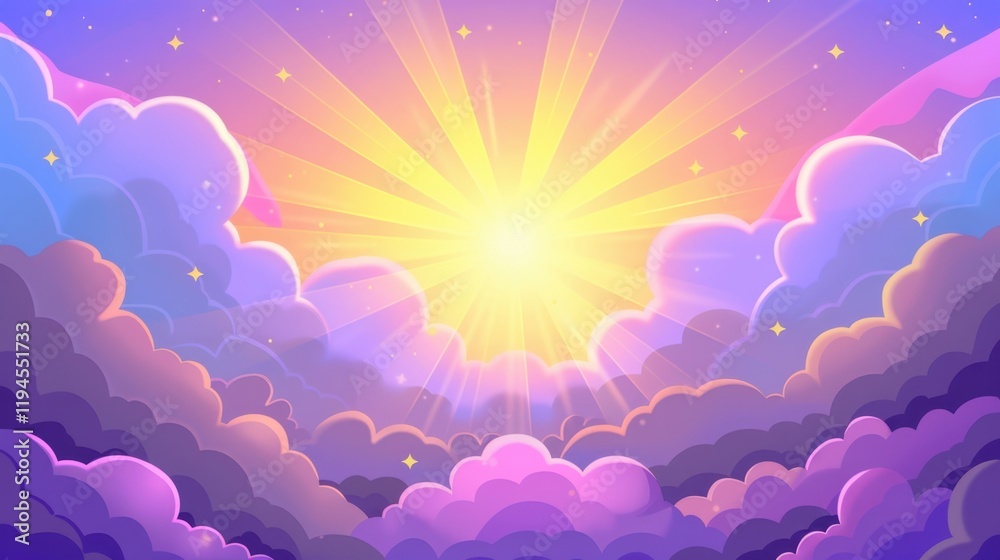 Fototapeta premium Bright and colorful digital illustration of sunrise above fluffy clouds, radiating warm light and vibrant hues, creating serene and uplifting atmosphere