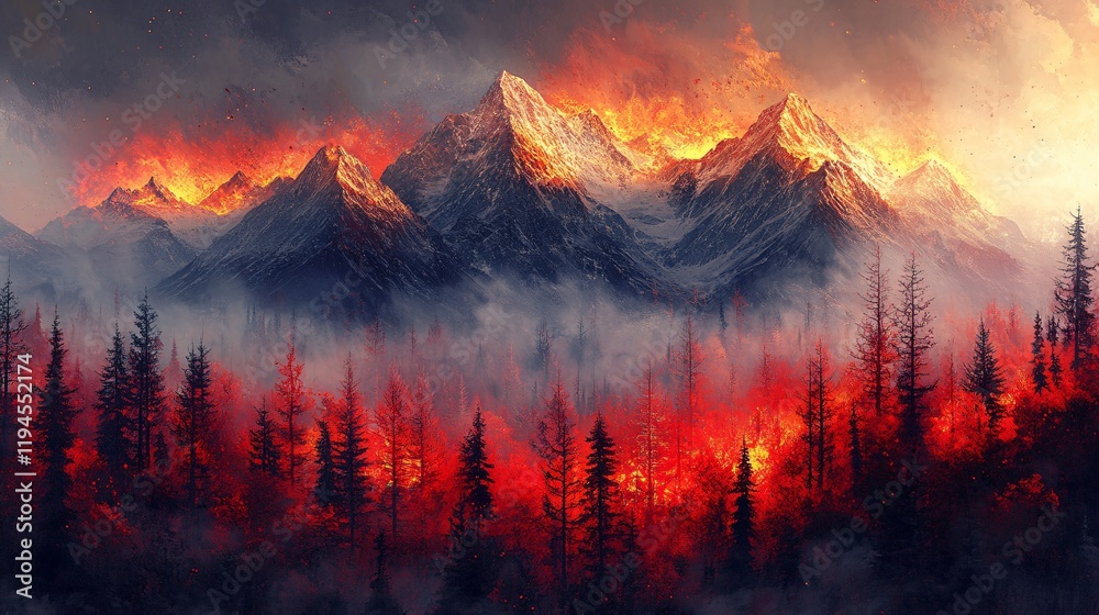 Naklejka premium A glowing mountain range with golden peaks and vibrant crimson forests below