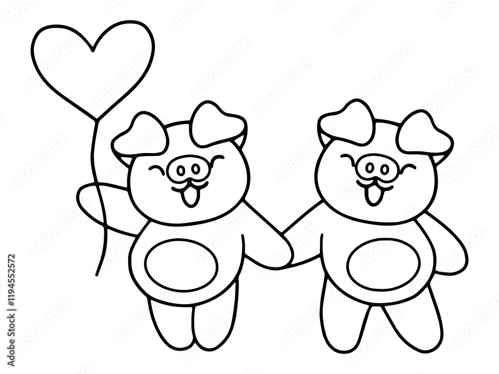 Valentines Day Pig Holding Balloon Line Art Valentines Day Pig Holding Balloon Line Art