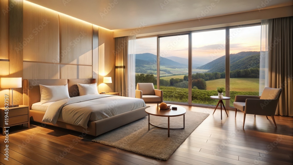 Fototapeta premium Softly lit hotel room with minimalist furniture and large windows overlooking a serene landscape, hotel room, natural scenery