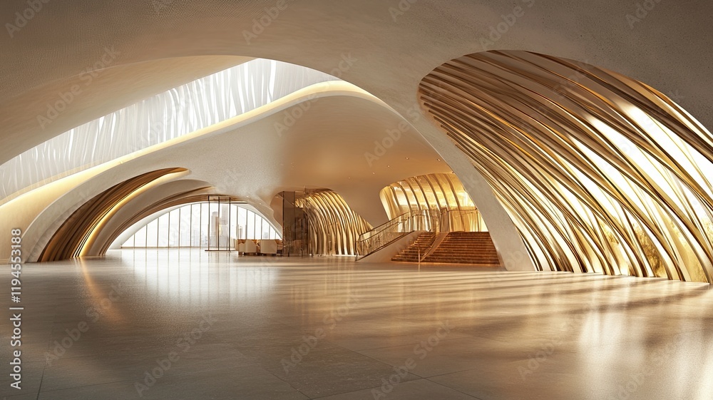 Obraz premium Luxurious lobby, golden arches, city view, architectural design