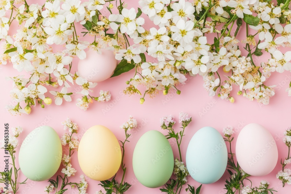 Soft pastel Easter eggs arranged with delicate spring flowers on Soft pastel Easter eggs arranged with delicate spring flowers on