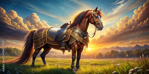 Majestic Armored Brown Horse: Fantasy Equestrian Art, Epic Horse Painting photo