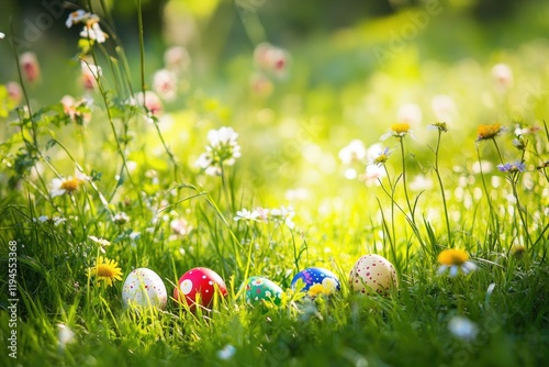 Colorful Easter eggs nestled among vibrant flowers in sunlit mea photo