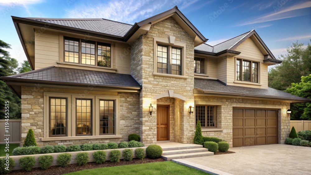 Classic beige-coloured exterior with stoned base foundation, rustic yet elegant Classic beige-coloured exterior with stoned base foundation, rustic yet elegant