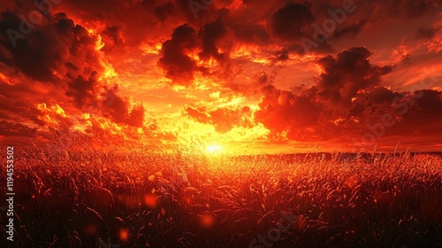 A peaceful meadow filled with glowing golden grasses under a radiant red sky
