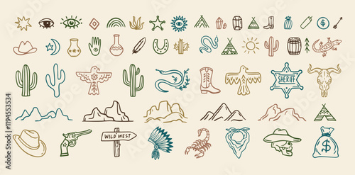 Wild west cowboy doodle icon set. Hand drawn boho signs collection. Aztec southwestern elements set.