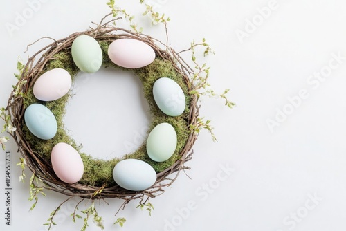 Colorful Easter eggs arranged in natural nest surrounded by gree photo