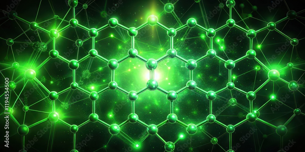 Intricate green glowing hexagonal molecular structure with atomic bonds and electrons orbiting around it Intricate green glowing hexagonal molecular structure with atomic bonds and electrons orbiting around it