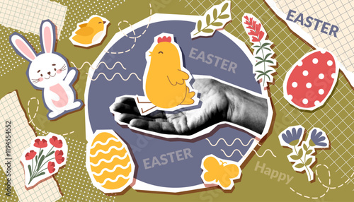 Easter collage banner with human hand photo and Easter objects - bunny, chicken, eggs, flowers in pop art style. Easter trendy background.