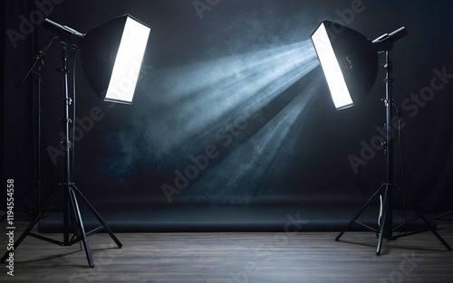 Black studio background illuminated by white lighting sets stage for professional stock photography