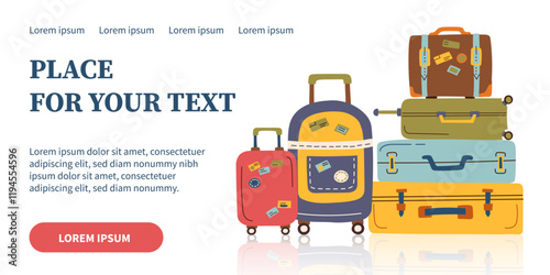 Travel banner with suitcases isolated on white. Concept of family travel, vacation, business trip. Vector hand drawn background in flat style.