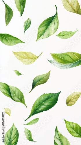 Botanical Illustration of Floating Green Leaves on White Background