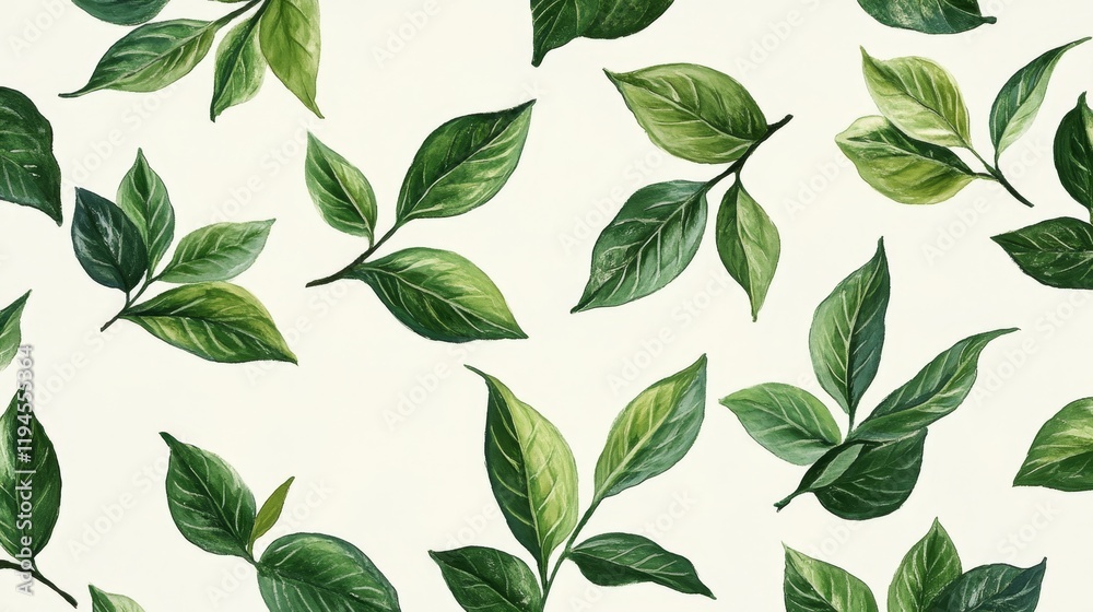 Clean Botanical Illustration of Matcha Leaves on Light Background Clean Botanical Illustration of Matcha Leaves on Light Background