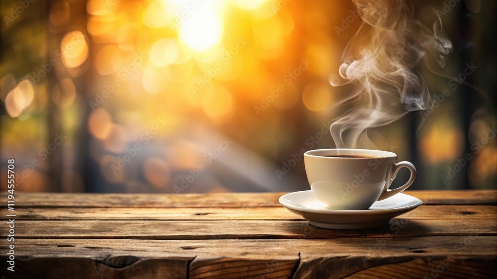 A steaming cup of coffee on a wooden table with a blurred background, blurred background A steaming cup of coffee on a wooden table with a blurred background, blurred background