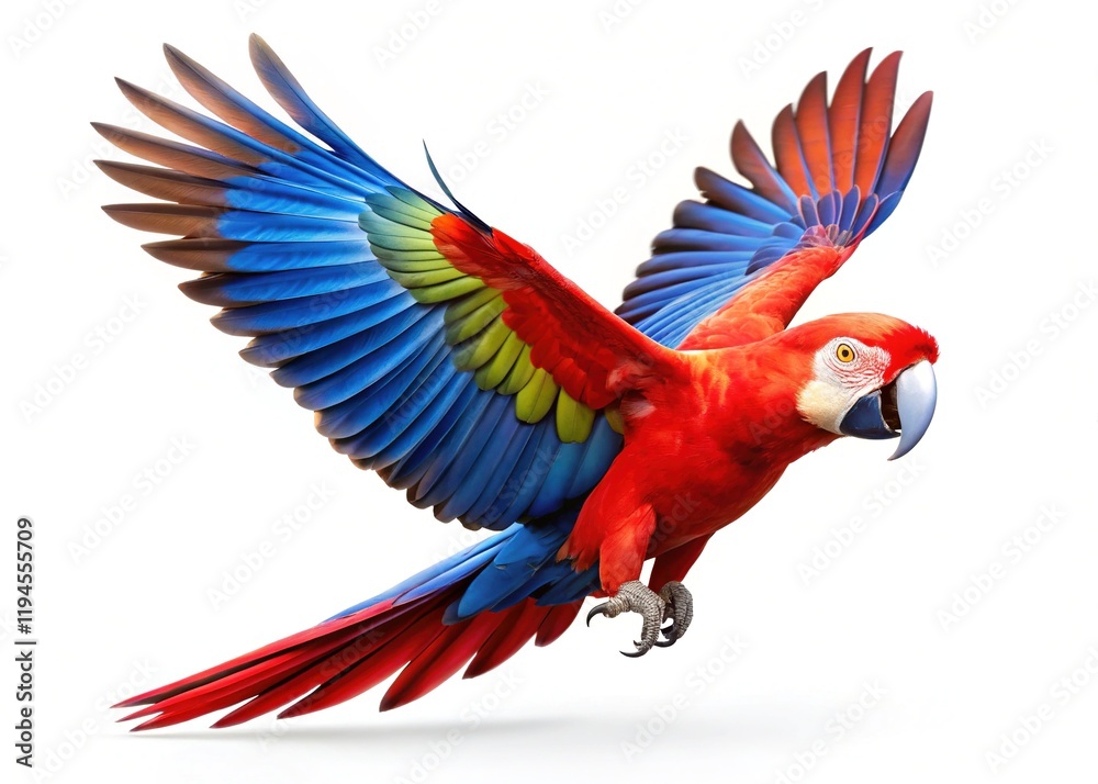Obraz premium Red-winged Macaw in Flight, High-Resolution Bird Image, Isolated on Background