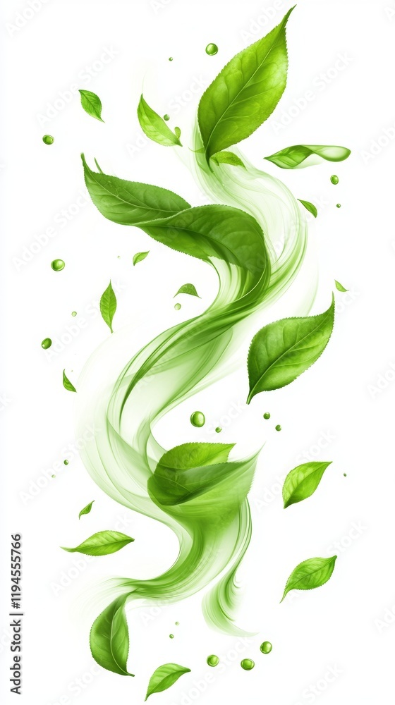 Dynamic Illustration of Swirled Green Matcha Leaves in Motion Dynamic Illustration of Swirled Green Matcha Leaves in Motion