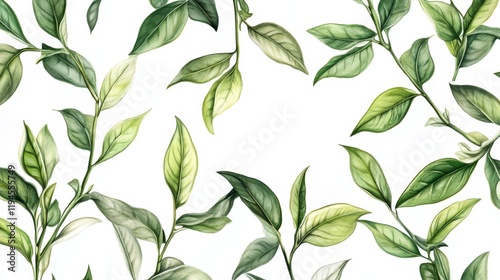 Detailed Botanical Illustration of Green Tea Leaves on White Background