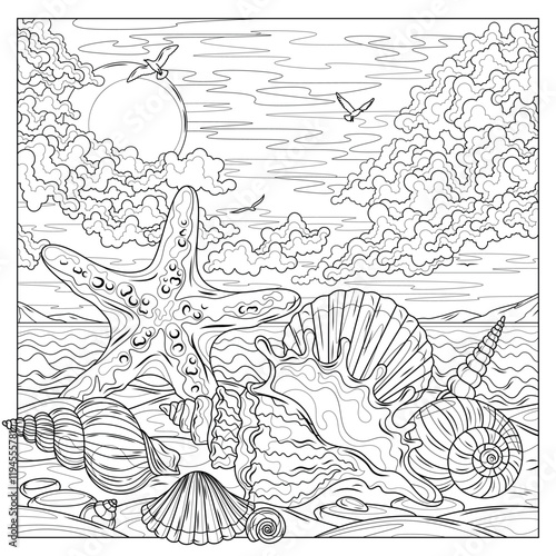 Shells and starfish on the seashore.Coloring book antistress for children and adults. 