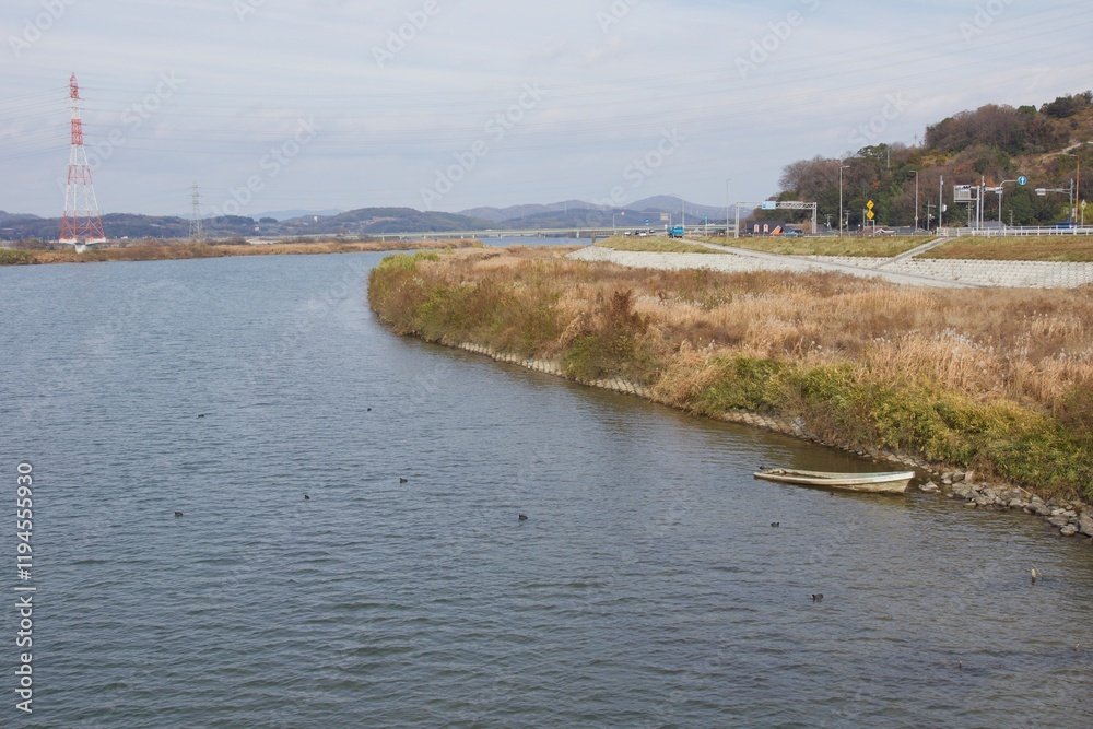 Naklejka premium 霞橋と高梁川の風景 