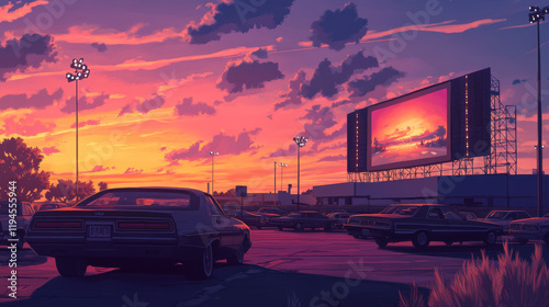 Drive-in cinema with car on sunset cartoon vector. Outdoor screen movie on auto parking under purple and orange sky with sun beam. Outside open air entertainment for watch performance in automobile