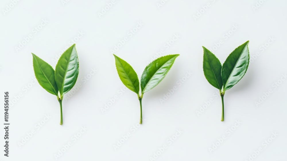 Obraz premium Minimalist Illustration of Three Fresh Tea Leaves on White Background