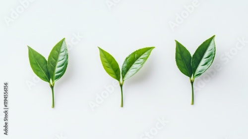 Minimalist Illustration of Three Fresh Tea Leaves on White Background