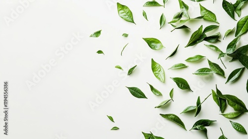 Natural Composition of Fresh Green Tea Leaves on White Background