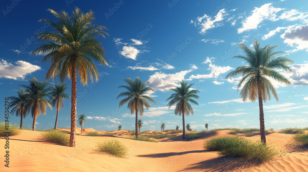 A desert landscape with palm trees under a bright blue sky A desert landscape with palm trees under a bright blue sky