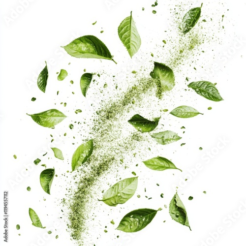 Dynamic Scattered Green Leaves and Vibrant Design Elements