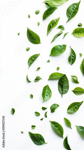 Artistic Arrangement of Loose Matcha Leaves on a White Background