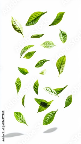 Vibrant Green Matcha Leaves Floating Gracefully in Soft Air