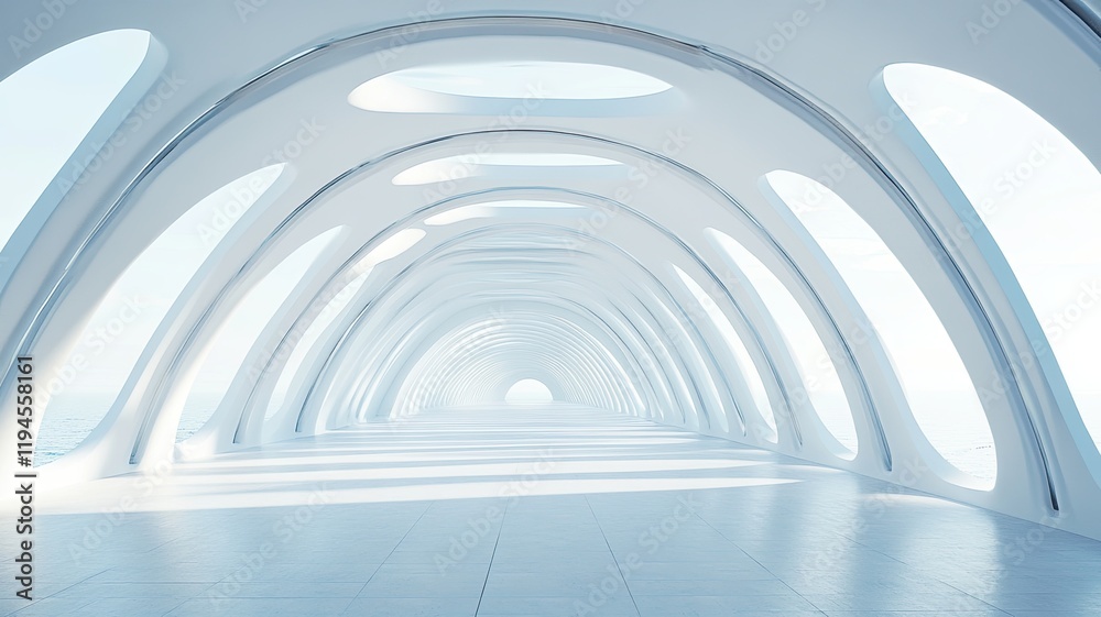 Futuristic white corridor, ocean view, architecture, design