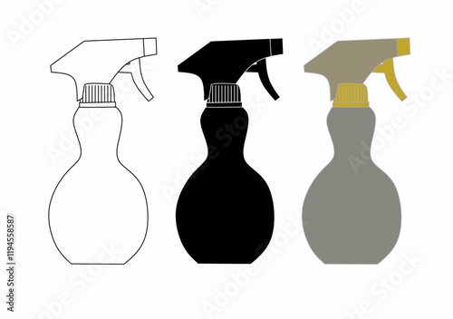 Set of spray bottle silhouettes with black, white, and gray versions, ideal for cleaning, household, or industrial design concepts and icons.