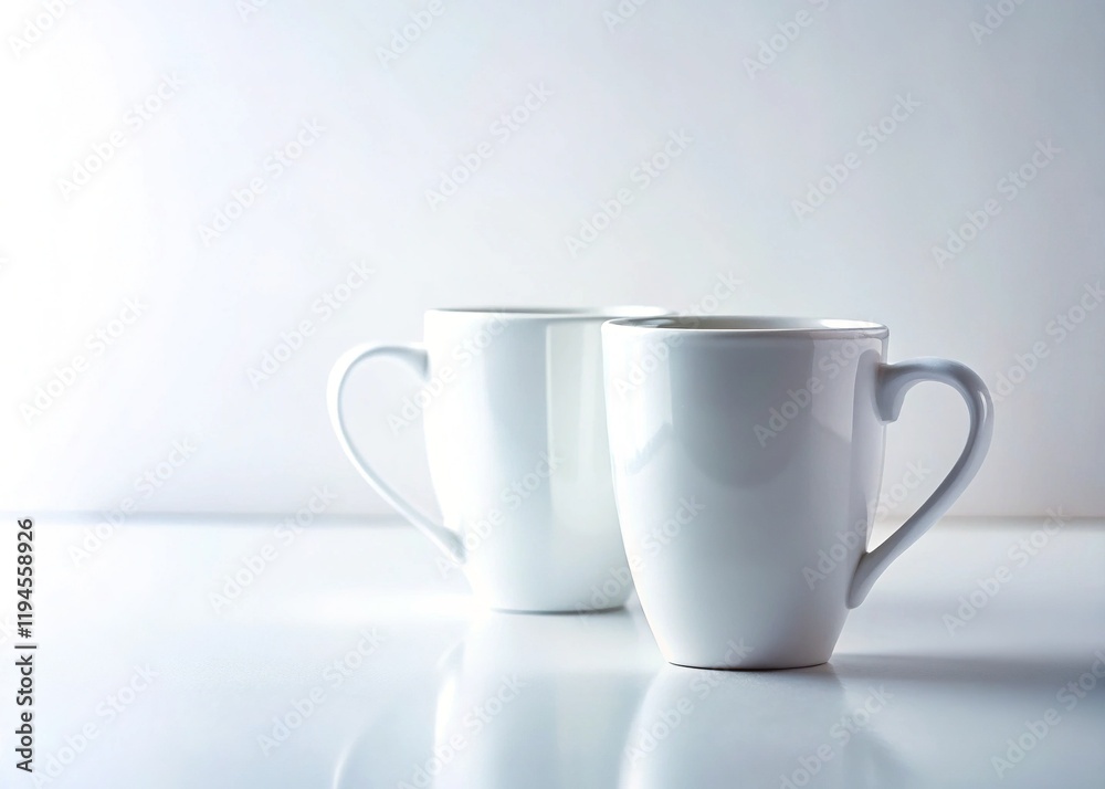 Two White Mugs, Bright White Background, Closeup Product Photography Two White Mugs, Bright White Background, Closeup Product Photography