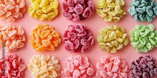 Colorful freeze dried candies on pink background. photo