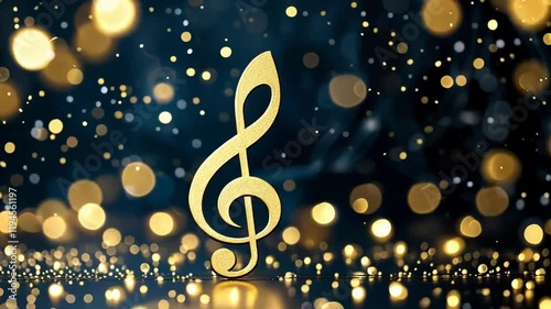 It depicts a golden musical symbol in the form of an eighth note against a background of abstract gold and luminous elements.