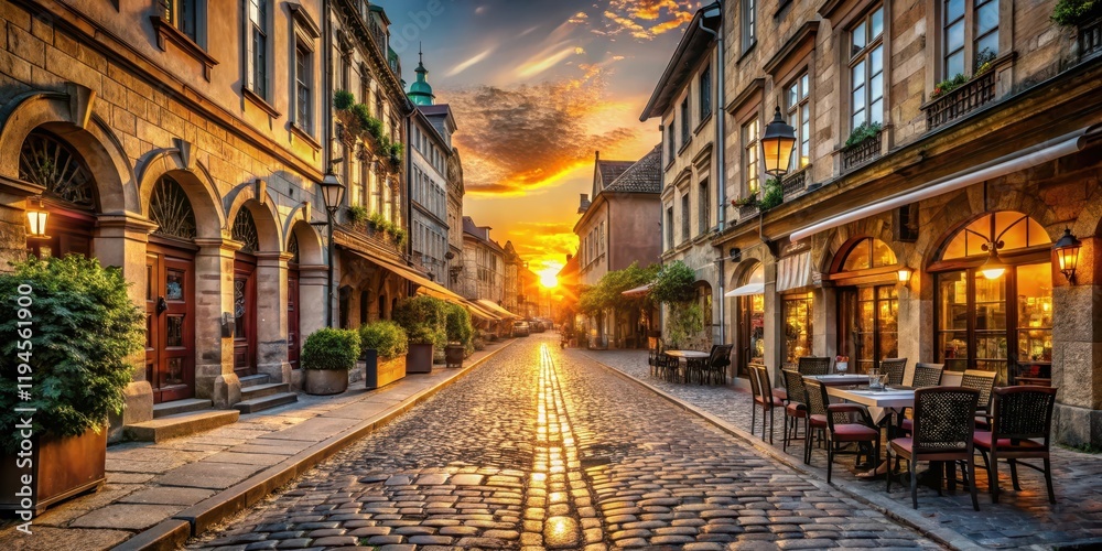 Fototapeta premium Ancient stone streets lined with historic buildings and cafes, with a warm glow of sunset in the background