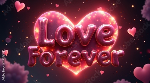 pink glowing 2d love forever heart glow valentine text pink galaxy clouds background, neon glowing pink forever valentine text glowing stars planets galaxy pink background