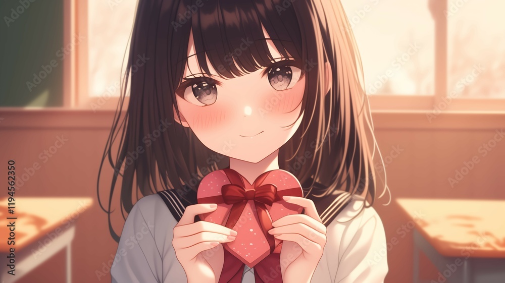 バレンタインデーのチョコを渡すアニメ調の日本人美少女