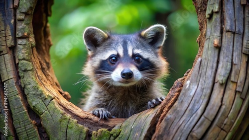 Wallpaper Mural A curious raccoon peeks out from a tree hollow with its bushy tail and bright eyes peeking out through the entrance , tree hollow, forest animal Torontodigital.ca