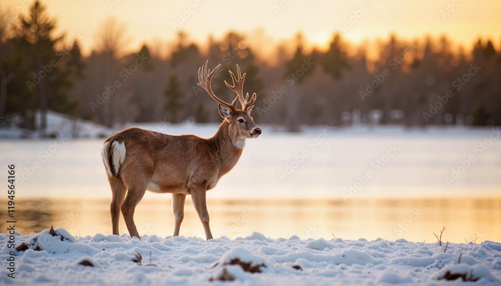 Obraz premium Male deer standing on snowy shore at sunset near frozen lake with warm light
