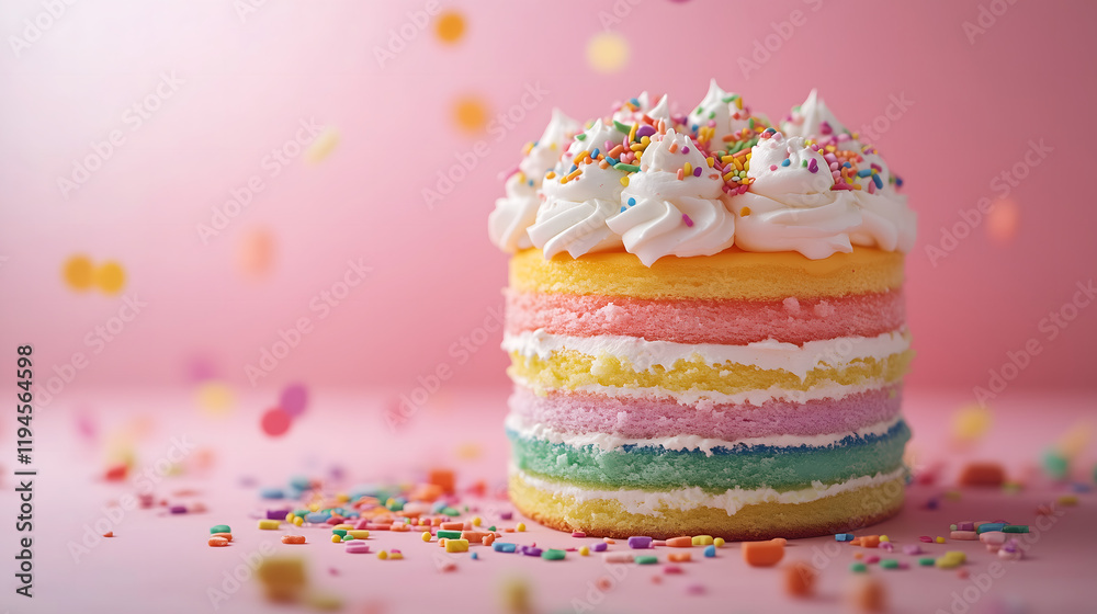 Vibrant Rainbow Cake with Multicolored Layers, Whipped Cream Frosting, and Rainbow Sprinkles - Playful Dessert Photography Vibrant Rainbow Cake with Multicolored Layers, Whipped Cream Frosting, and Rainbow Sprinkles - Playful Dessert Photography