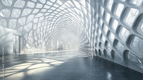 Futuristic corridor, city view, sunlight, interior design