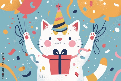Festive cat celebrating with balloons and confetti