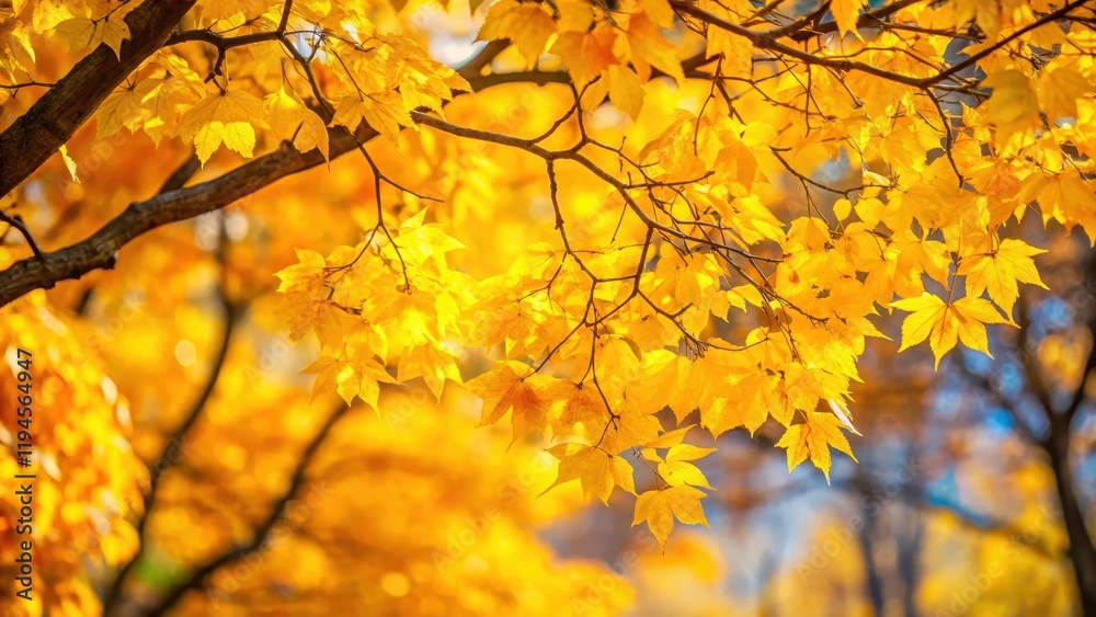 Vibrant yellow autumn leaves are scattered on tree branches, creating a colorful and lively scene Vibrant yellow autumn leaves are scattered on tree branches, creating a colorful and lively scene
