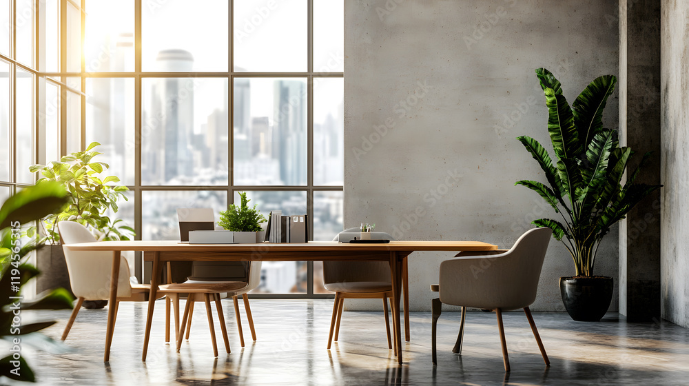 Fototapeta premium A sophisticated office with large windows and a city view.