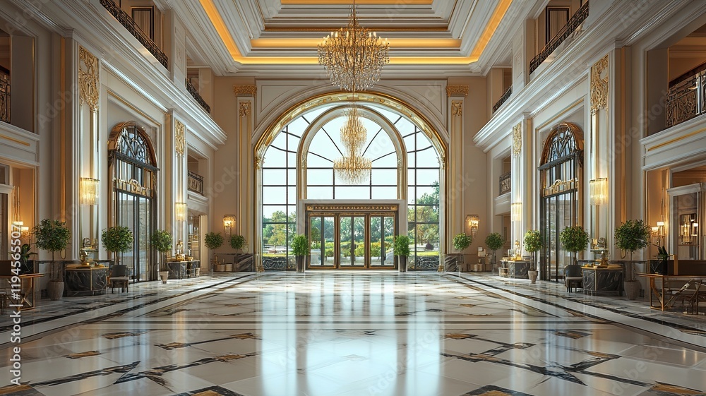 Fototapeta premium Grand hotel lobby, sunlight, marble floor, luxury