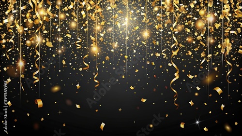 Vibrant confetti falls from the sky amidst a dark and elegant black background, with delicate gold streamers suspended in mid-air, gradient, celebration